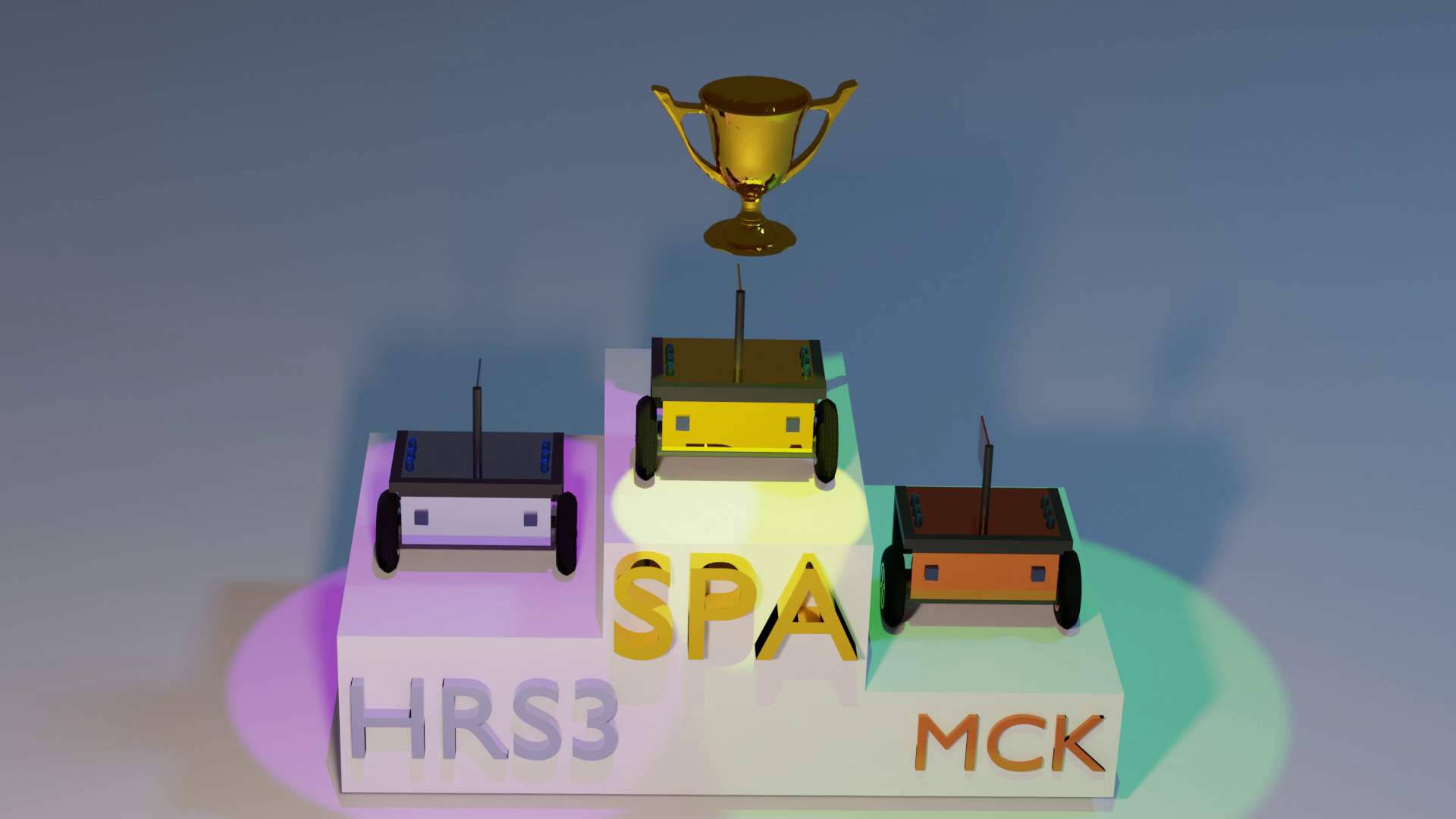 A podium, with rendered trophies, featuring SPA in Gold, HRS2 in Silver, and MCK in Bronze